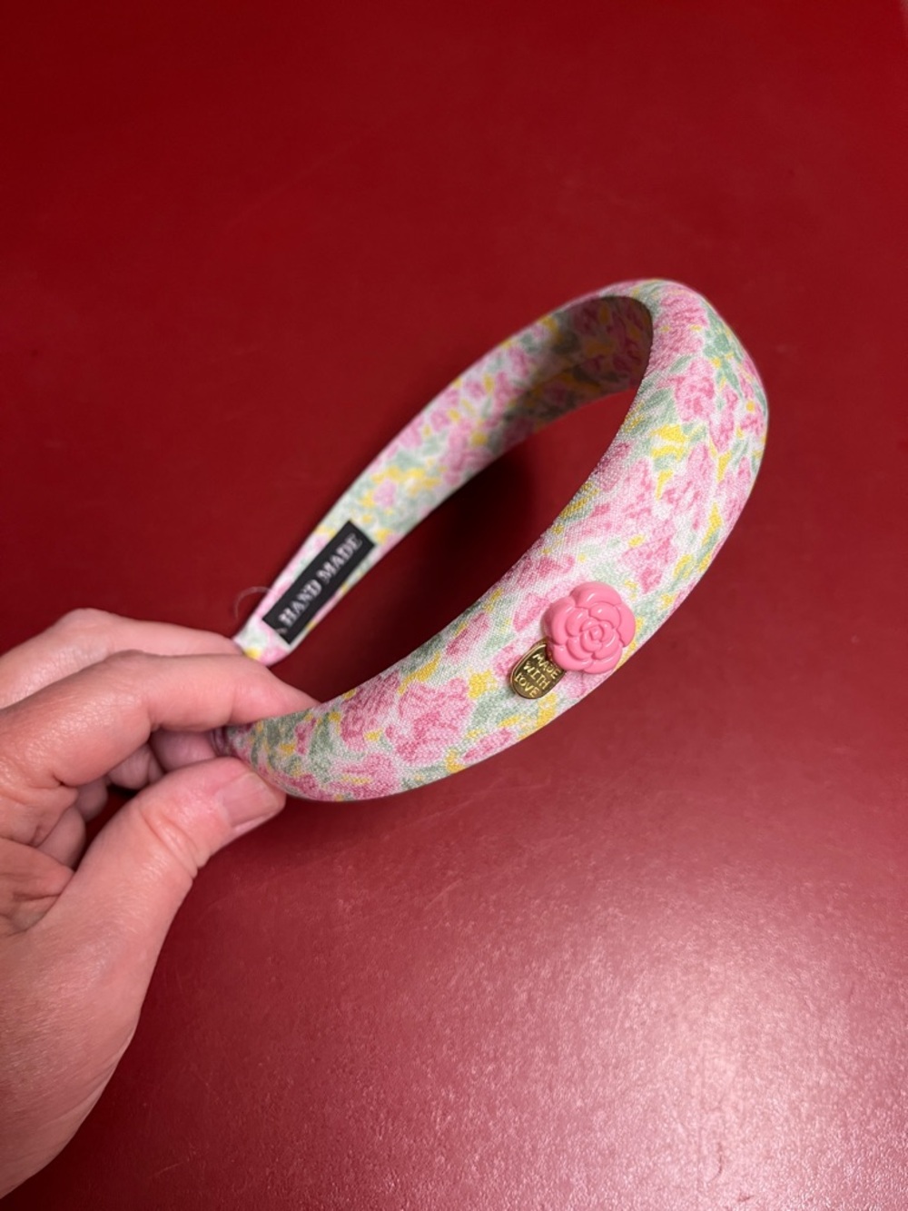 Floral Padded Headband with Pink Camellia Accent
